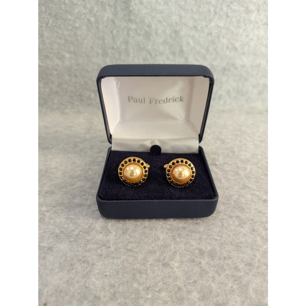 Paul Frederick Pearl Earrings and Sapphire Accent Gold Tone Cufflinks Italy Made